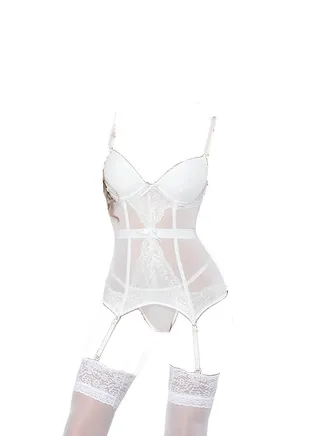 White Lace Jumpsuit Suspender And Silky Stockings Lingerie Set 