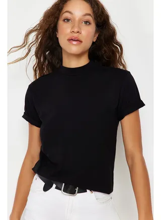 Black 100% Cotton Basic Stand Collar Knitted T-shirt TWOAW20TS0096 