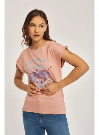 Gathered shoulder printed t-shirt 