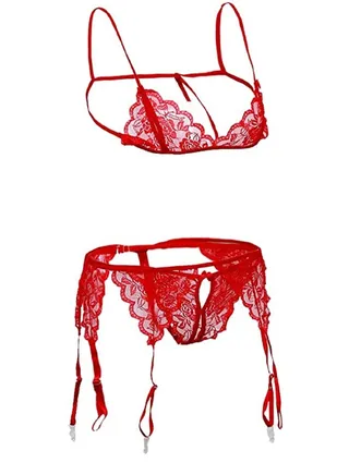 Floral Lace Open Crotch Bra Brief And Garters 3 Pieces Underwear Set 