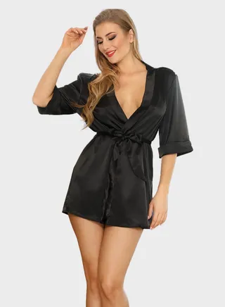 Black Short One-Piece Lingerie Robe Set 