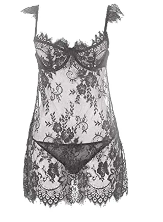 Floral Lace Detailed Hollow Out Lingerie Dress With Thong Lingerie Set 