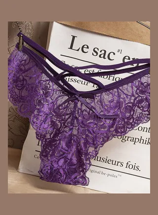 G-string Lace Floral Thin Cross Ribbon Underwear Erotic Briefs Panties Purple 