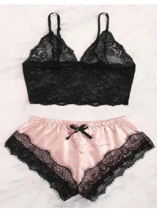 Lace Bra With Bowknot Shorts Pink/Black 