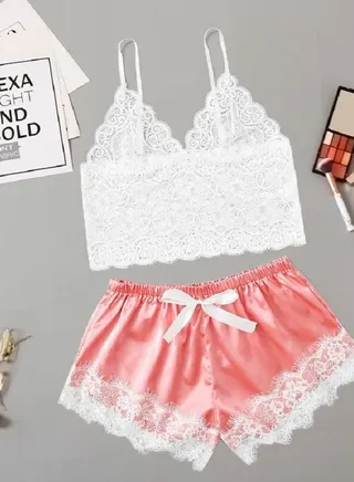 Women Satin Pajama Cami Set Silky Lace Nightwear 2 Piece Lingerie Short Sleepwear. 