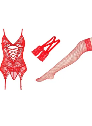 Floral Lace Night Playing Suit Connect Garters And Fish-net Stockings Lingerie Set 
