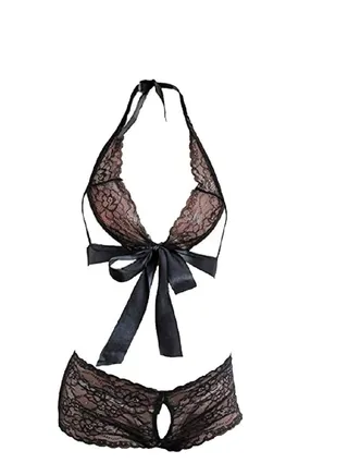 Floral Lace Open Crotch Night Playing Underwear Set Babydoll Lingerie 