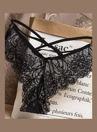G-string Lace Floral Thin Cross Ribbon Underwear Erotic Briefs Panties Black 