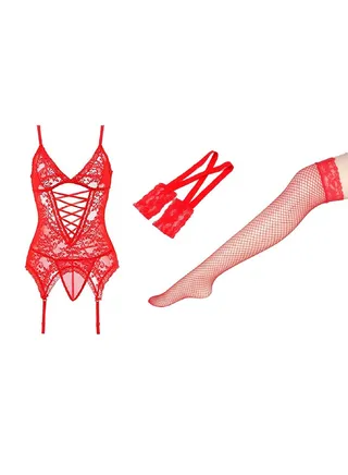 Floral Lace Night Playing Suit Connect Garters And Fish-net Stockings Lingerie Set 
