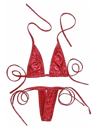 2 Pieces Shiny Faux Leather Tie Side Bikini Set Playing Underwear 