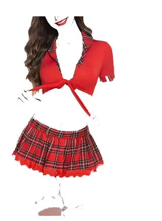 Women Tie Front Crop Top And Lace Trim Plaid Skirt Lingerie Set 