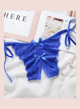 Open Crotch Bowknot G-string Lace Erotic Lingerie Briefs Underwear Blue 