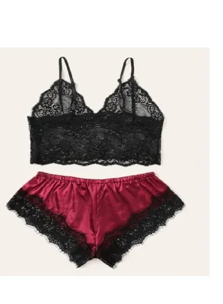 Women Satin Pajama Cami Set Silky Lace Nightwear 2 Piece Lingerie Short Sleepwear. 