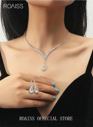 3 Pcs Rhinestone Necklace Earrings Set Drop-shaped Pendant V-neck Chain Ear Dangle Bridal Evening Dress Accessories for Women Silver/Clear 