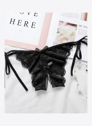 Open Crotch Bowknot G-string Lace Erotic Lingerie Briefs Underwear Black 