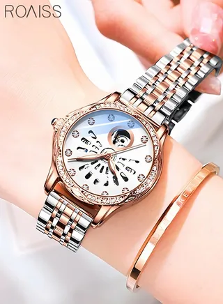 Women's Stainless Steel Strap Mechanical Watch Analog Display Round Dial with Hollow Pattern and Rhinestones Decoration Waterproof Luminous Luxurious Wristwatch as Gift for Ladies 