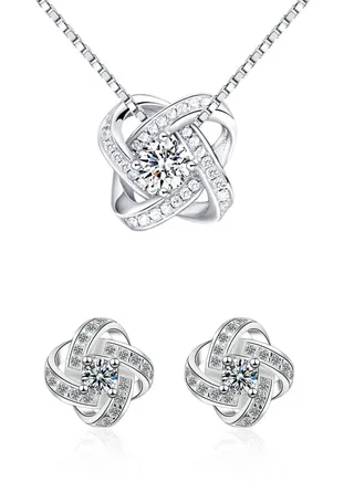 Elegant Crystal  Love Knot Jewelry Set for Women - Genuine Silver Plated Necklace & Stud Earrings Gift Set, Safe Hypoallergenic Materia With Luxury Gift Box 