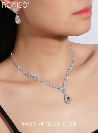 3 Pcs Rhinestone Necklace Earrings Set Drop-Shaped Pendant V-Neck Chain Ear Dangle Bridal Evening Dress Accessories for Women 