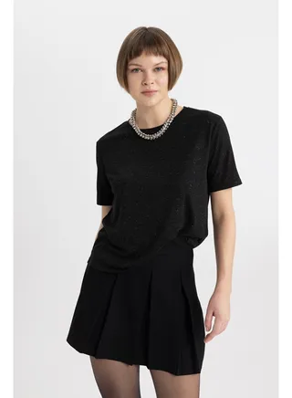 Woman Relax Fit Crew Neck Knitted Short Sleeve T-Shirt 