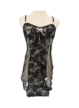 Deep V- Neck See Through Bowknot Decor Nightwear Sleepwear Dress black 