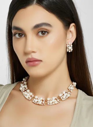 Cz Pearl Necklace & Earrings Set