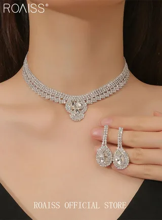 3 Pcs Rhinestone Necklace Earrings Set Drop-Shaped Pendant V-Neck Chain Ear Dangle Bridal Evening Dress Accessories for Women 