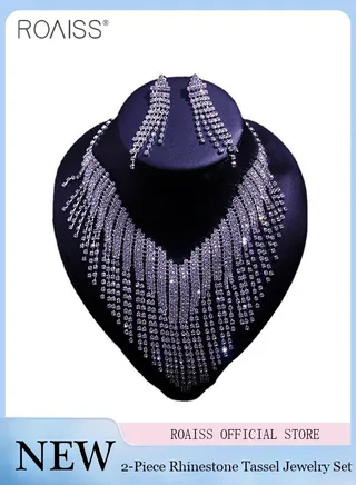 2-Piece Women's Banquet Rhinestone Tassel Jewelry Set Sparkling And Exquisite Temperament Party Wedding Bride Tassel Necklace Rhinestone Tassel Sparkling Banquet Earrings 