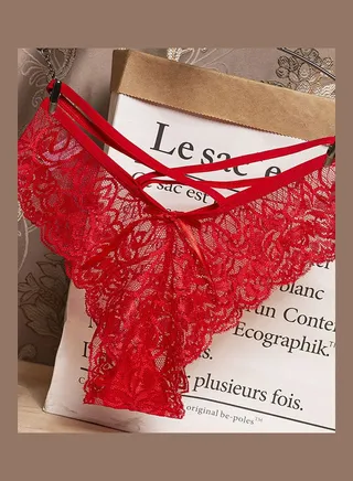 G-string Lace Floral Thin Cross Ribbon Underwear Erotic Briefs Panties Red 