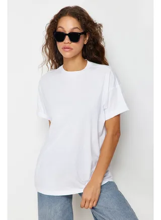 White 100% Cotton Boyfriend/Wide Fit Fit Crew Neck Knitted T-Shirt TWOSS20TS0134 