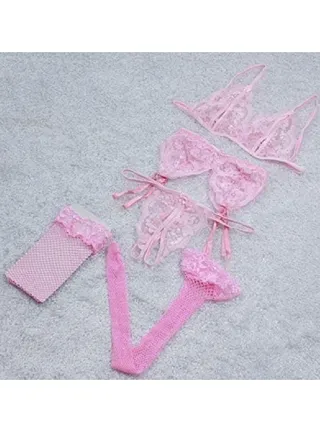Floral Lace Open Crotch Underwear With Suspender Playing Babydoll Lingerie Set 