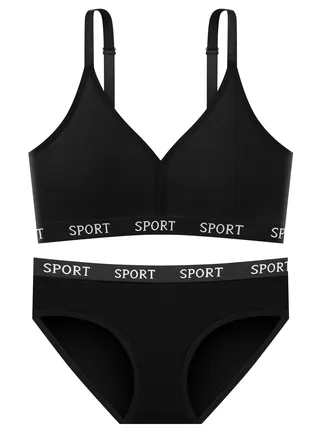 Black Women's Sports Set Including Wide Briefs and Sports Bra 