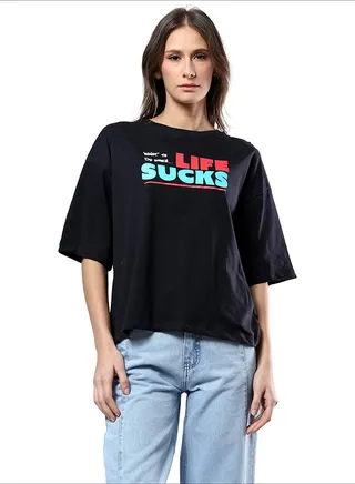 Slip On "Life Sucks" Black Relaxed Printed Tee 