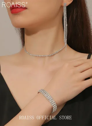 3 Pcs Rhinestone Necklace Earrings Set Drop-shaped Pendant V-neck Chain Ear Dangle Bridal Evening Dress Accessories for Women 