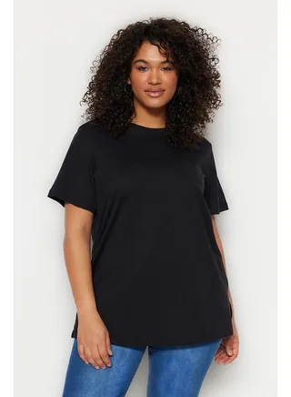 Black Petrol Boyfriend Crew Neck Slit Knitted T-Shirt TBBSS22BF0031 