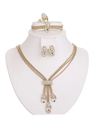 Set Of 4 Crystal Gold Plated Bridal Necklace Jewellery Set 