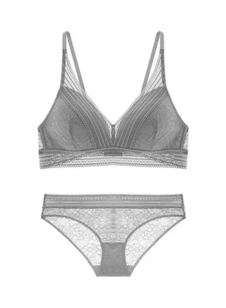 Solid Lace Detail Bra And Panty Grey 