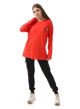 Candy Red Long Comfy Back & Badge Printed T_Red 
