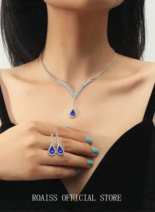 2-Piece Jewelry Set with Necklace and Earring Full Diamond V Neck Water Drop Pendant Necklace Stud Earrings Set 