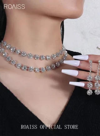 3 Pcs Necklace Earrings Set Flowers Charm Layered Chain Ear Dangle Bridal Evening Dress Accessories for Women Silver/Clear 
