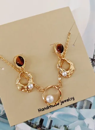 Golden Jewelry Sets with Earrings Necklace,Fashion Elegant Earrings Necklace with Tiger Eye Stone Imitation Pearl for Women Ladies Girls Gift 
