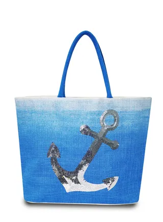 Sustainable Jute Sequins Embroidered Beach Bag with Soft Padded Handles. Inside Water Resistant Liner, Magnet Button Closure & Inside Zipper Pocket. 