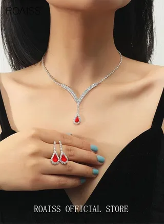 2-Piece Jewelry Set with Necklace and Earring Full Diamond V Neck Water Drop Pendant Necklace Stud Earrings Set 