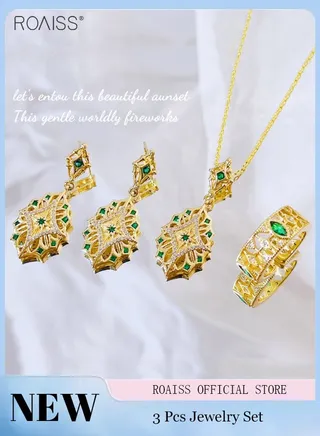 3-Piece Retro Palace Rhinestone Jewelry Set Fashion Earrings Rhinestone Necklace Adjustable Ring 