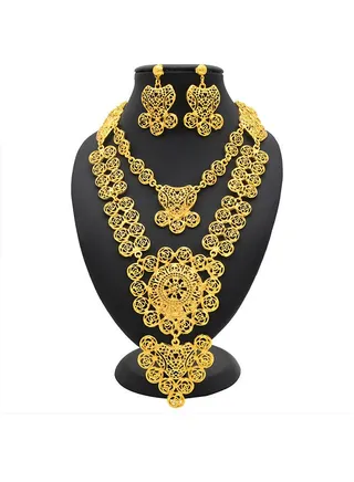 Gold-plated Bride Wedding Wear Jewelry Set Luxury Flower Necklace Earrings for Women Golden 
