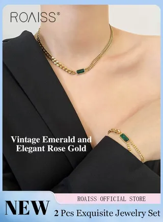 2 Piece Women Jewelry Set Featuring Emerald Green Gemstone Accents Collarbone Necklace and Bracelet Set Crafted with Stainless Steel Titanium and 18k Gold Plating for Long-lasting Color Preservation 