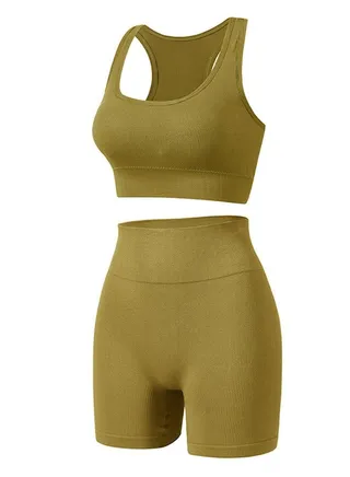 Women's Solid Color Sport Fitness Lingerie Set 2-piece Seamless Wireless Wide Shoulders Bra Vest+High Waist Boxer Briefs Sport Suit Lemon Yellow 