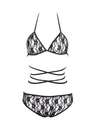 Lace Up Bandage Bikini And Underwear Set Black 