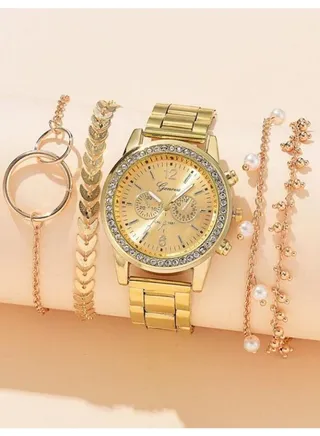 Women's Stainless Steel Analog Watch Set 