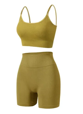 Women's Solid Color Sport Fitness Lingerie Set 2-piece Seamless Wireless Bra+High Waist Boxer Shorts Sport Suit Lemon Yellow 