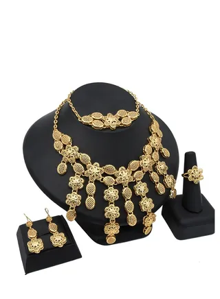 Dubai Gold Necklace Set with Pendant  24K Jewelry Set Earrings and Bracelets Bridal Indian Fashion For Wedding 